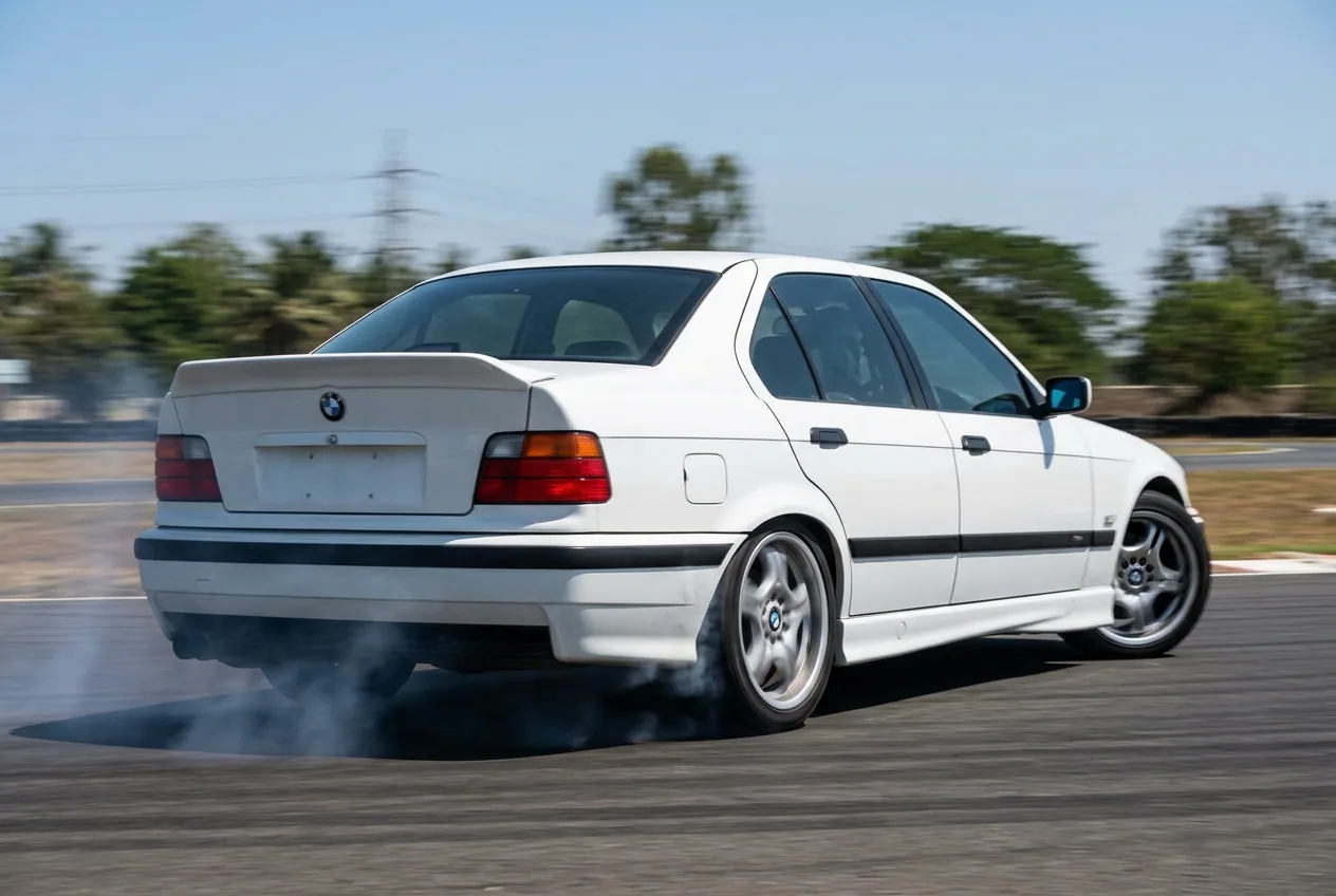 BMW E36 blanco iniciando un powerslide con la cola afuera y humo en las ruedas traseras bajo sol de mediodía