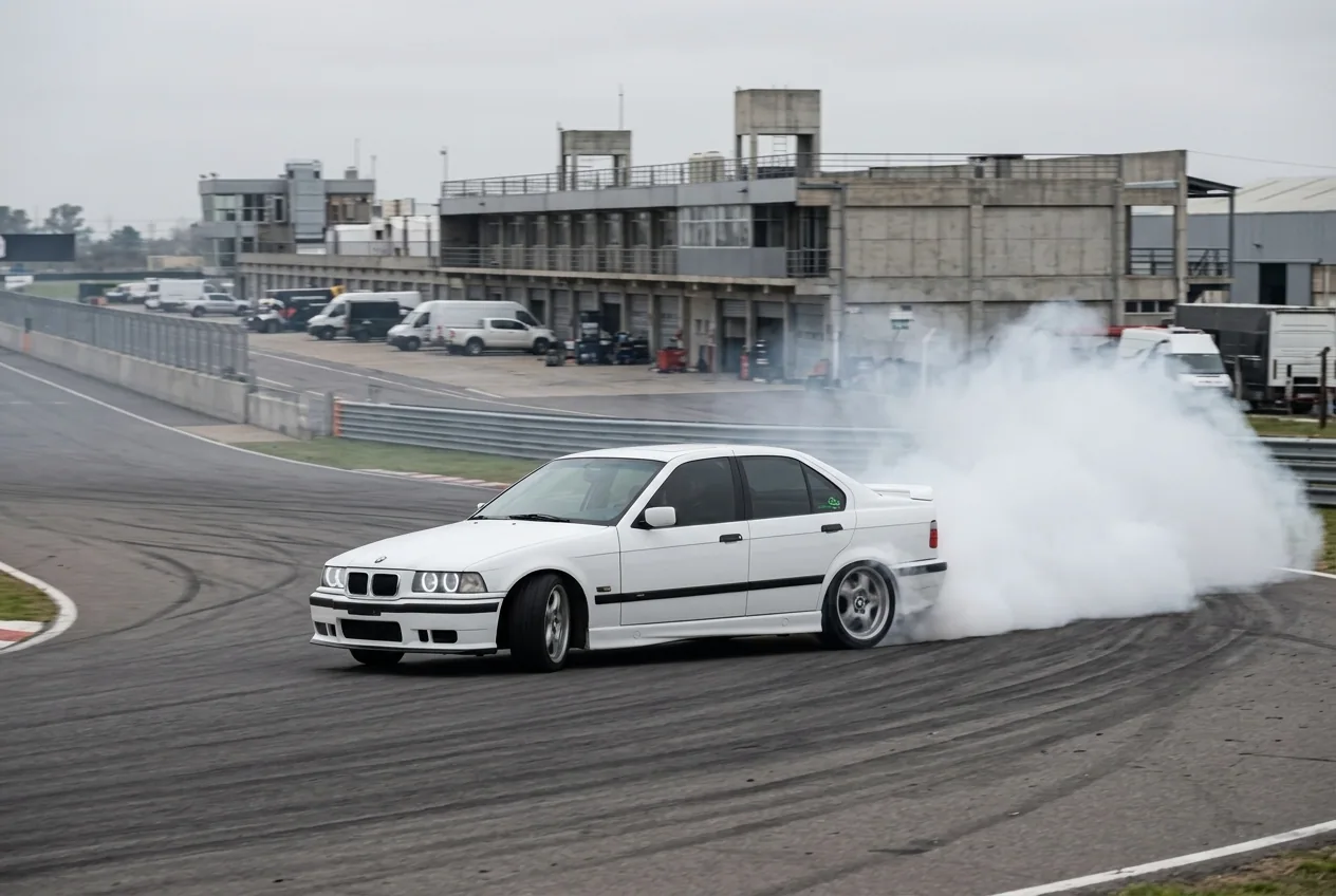 BMW E36 blanco en drift sostenido con gran ángulo y mucho humo recorriendo una curva de circuito cerrado