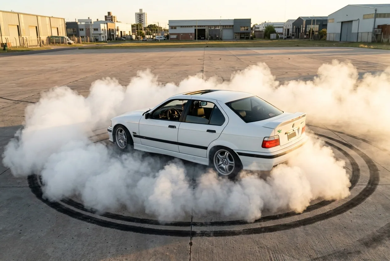 BMW E36 blanco haciendo un donut con un anillo de humo de neumáticos alrededor en una explanada