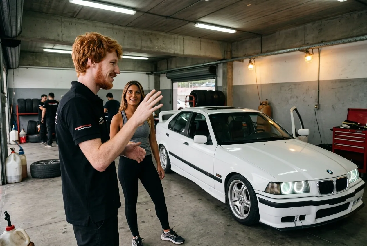 Instructor de drift pelirrojo explicándole a una alumna junto al BMW E36 blanco en un box