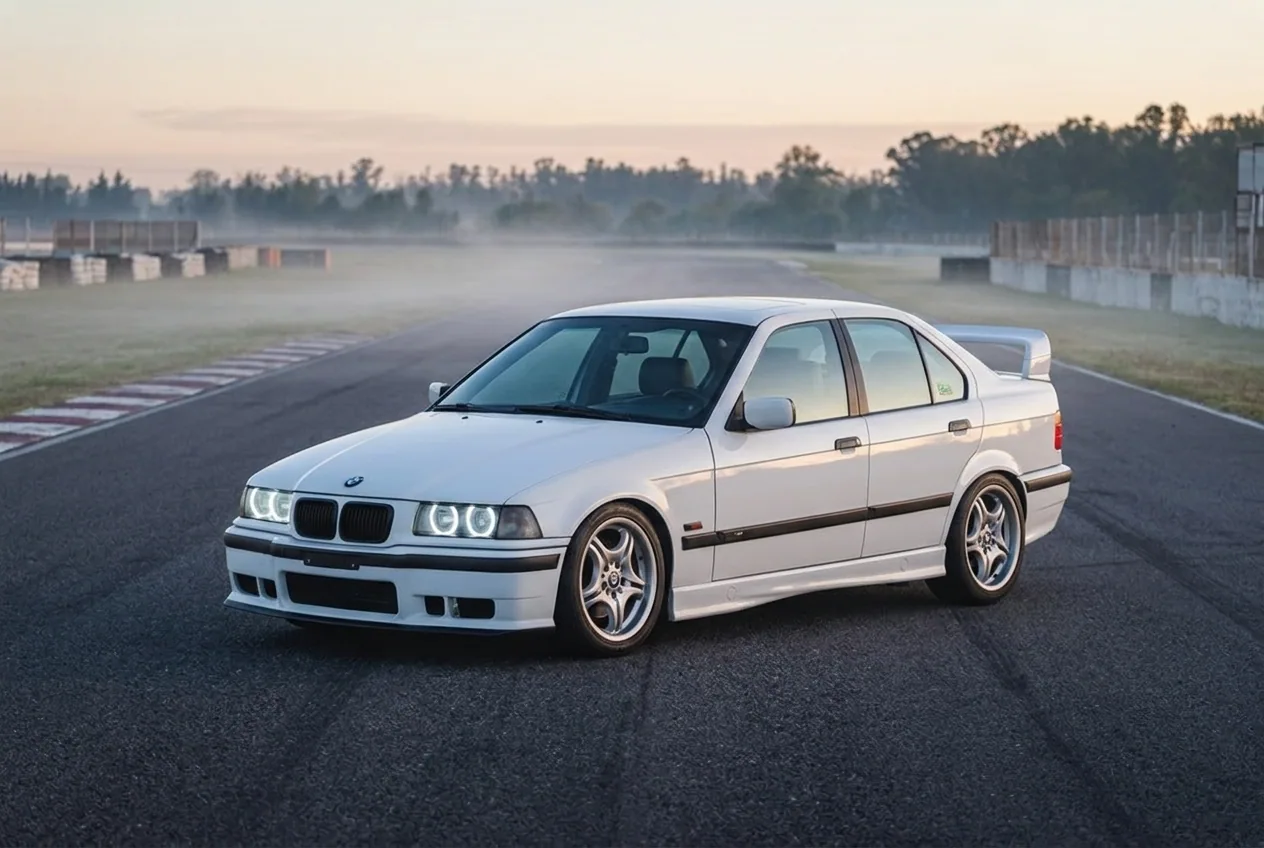 BMW E36 blanco preparado para drift estacionado en una pista cerrada al amanecer con neblina