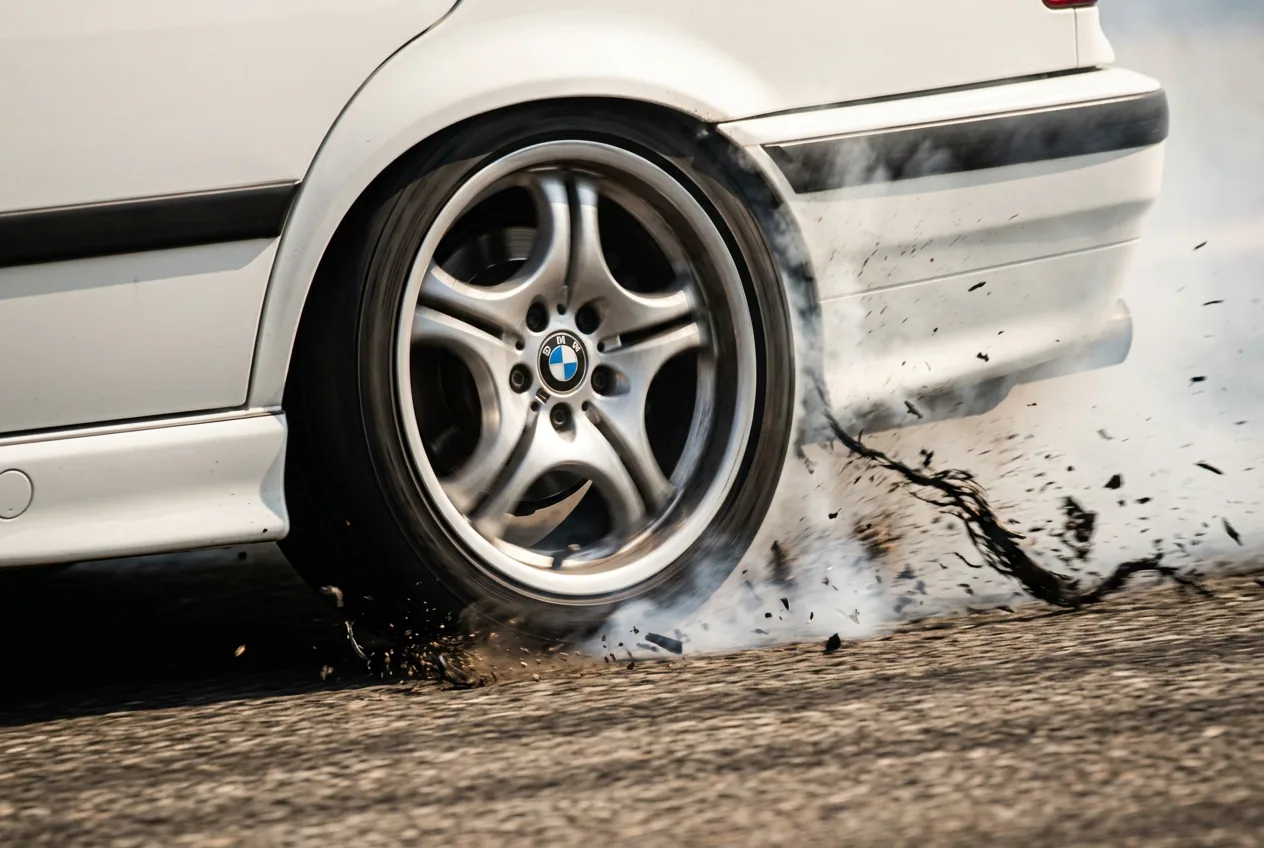 Primer plano de la rueda trasera del BMW E36 quemando goma sobre el asfalto durante un derrape