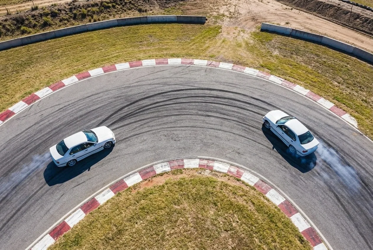 Vista aerea cenital del BMW E36 derrapando y dejando una marca curva de goma en la pista