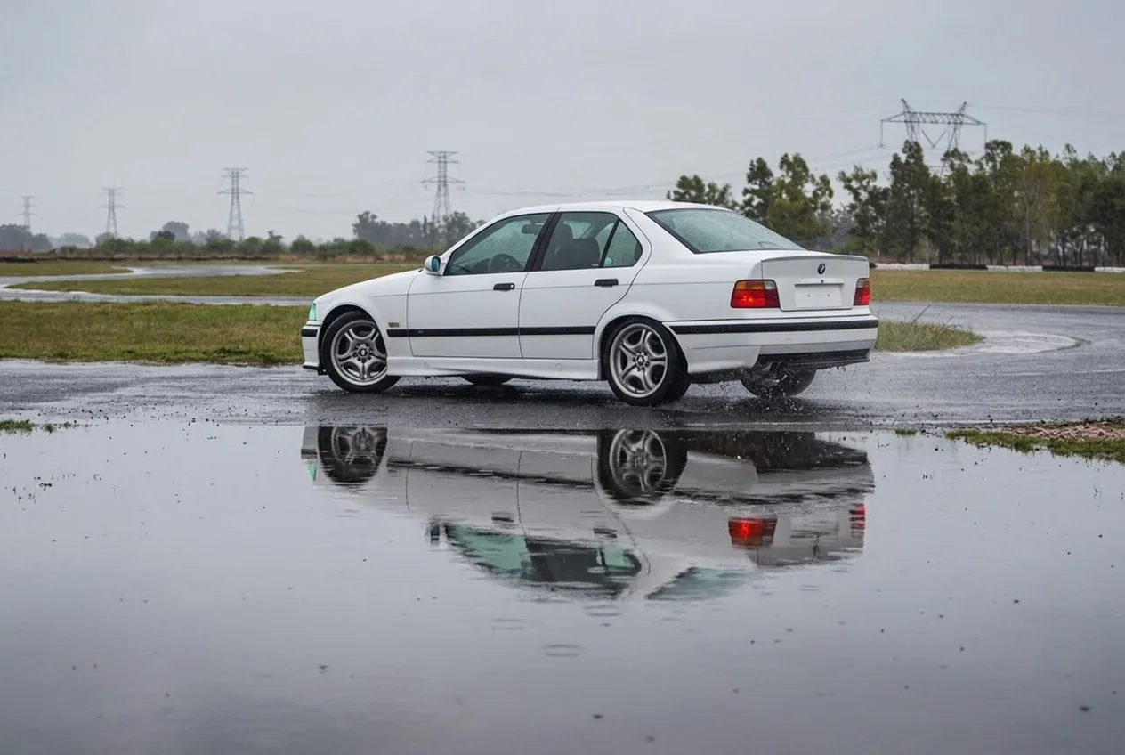 BMW E36 blanco reflejado en un charco de lluvia en el autodromo en un dia gris y humedo