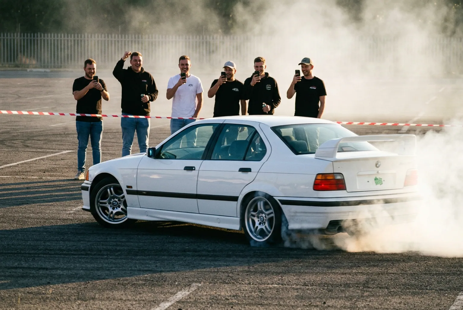 Drift show en una despedida de soltero en Buenos Aires: BMW E36 derrapando con humo frente al grupo de amigos