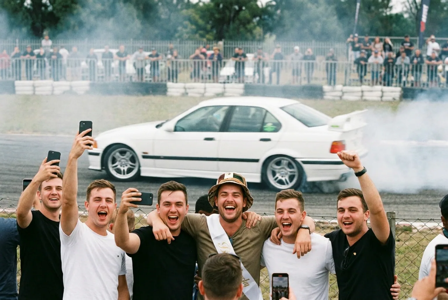 El grupo de la despedida filmando y festejando mientras el BMW E36 derrapa al lado en Buenos Aires