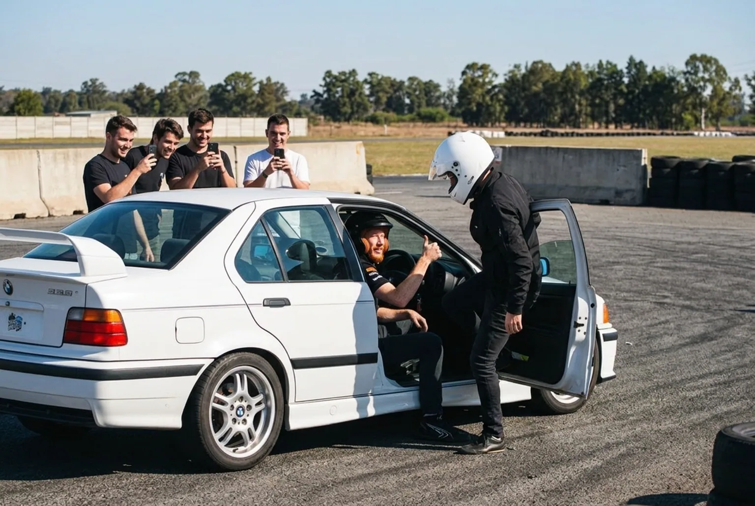 El o la festejada subiendose de acompanante al BMW E36 para dar vueltas de drift en la despedida