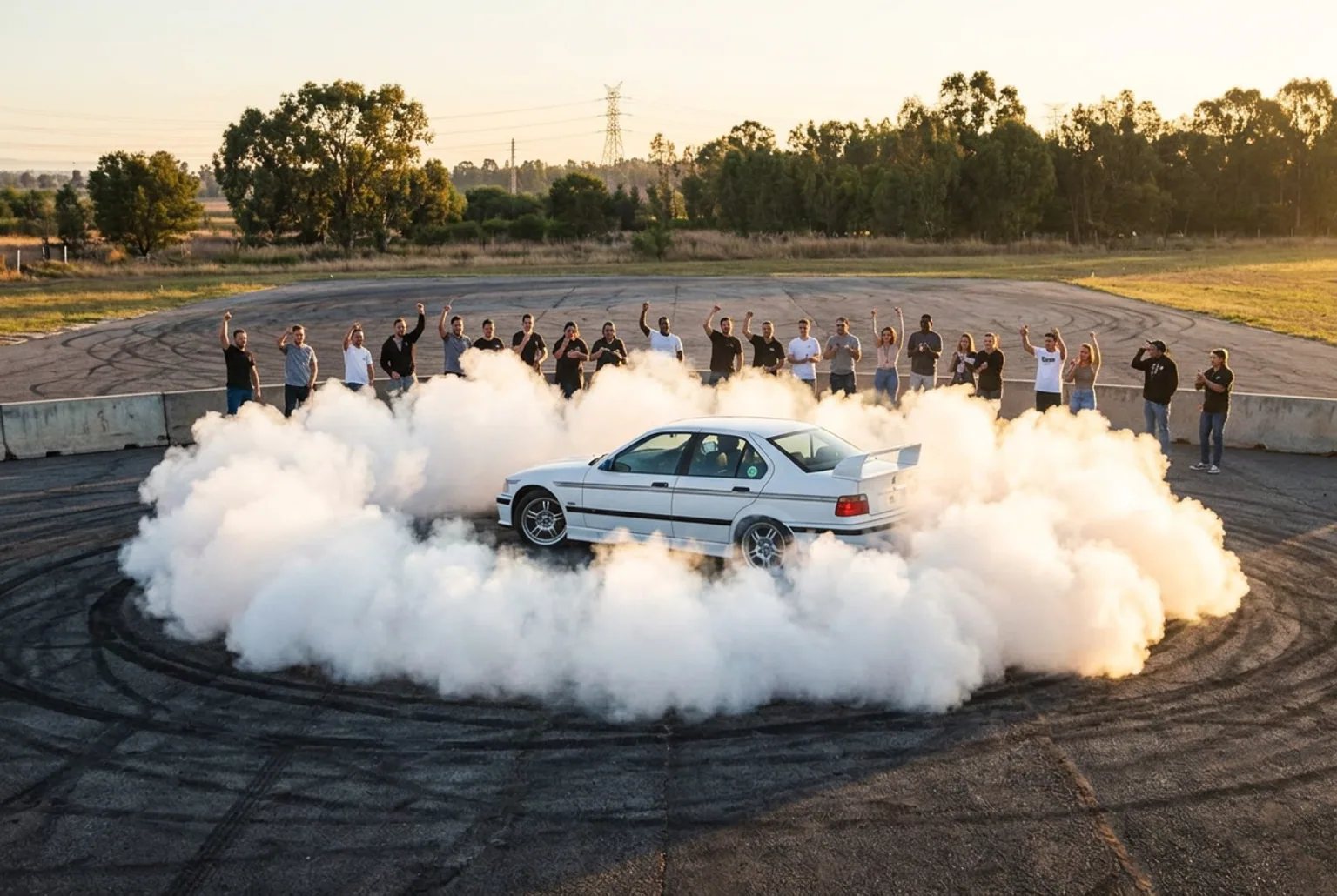 BMW E36 haciendo un donut con humo en una despedida en Buenos Aires mientras el grupo festeja alrededor