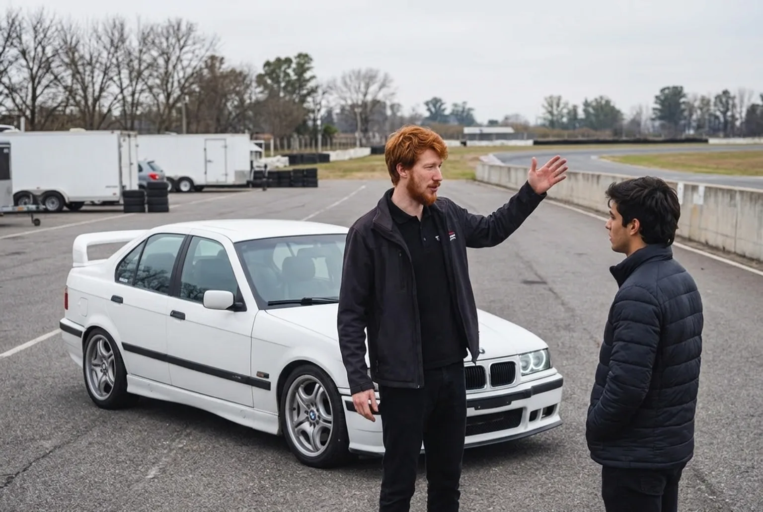 Instructor de drift explicando la pista a un alumno junto al BMW E36 blanco antes de la clase