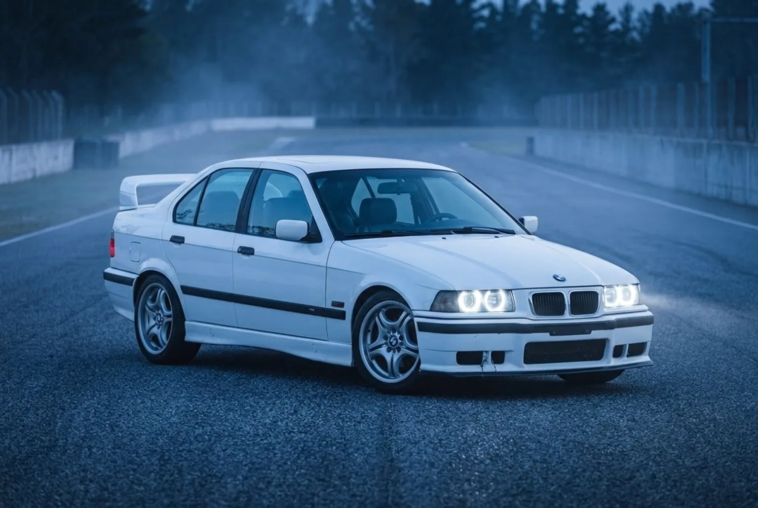 BMW E36 blanco con opticas angel eyes blancas encendidas en la pista al anochecer de invierno cerca de Buenos Aires