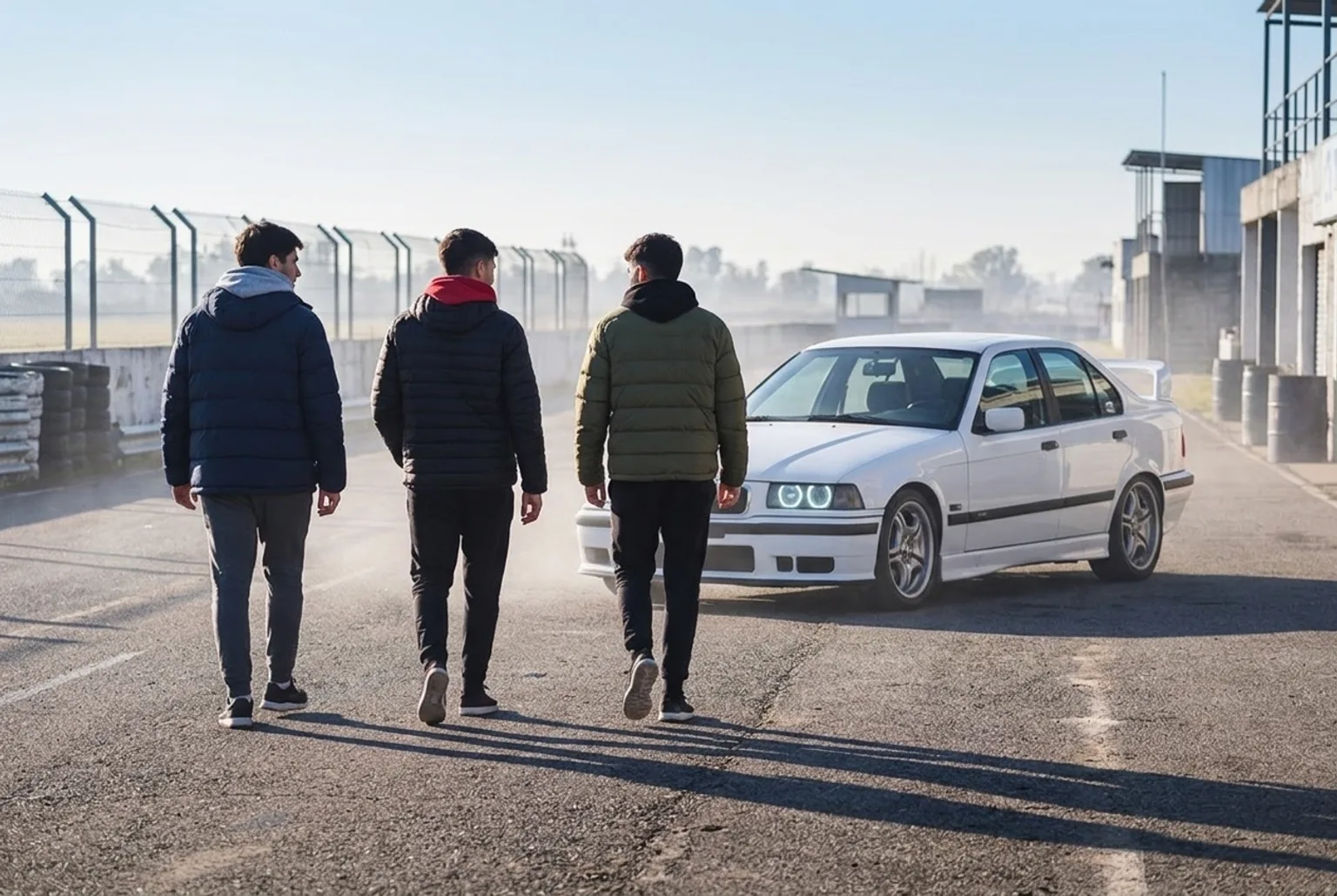 Tres amigos caminando hacia el BMW E36 blanco en el paddock del autodromo una mañana fria de invierno