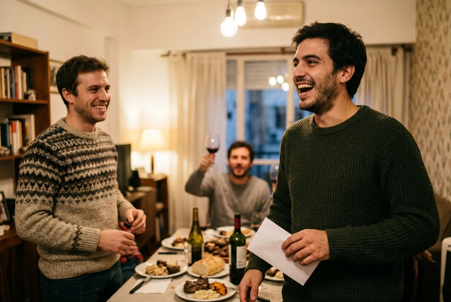 Amigo recibiendo el sobre con el voucher de la clase de drift en la cena del Dia del Amigo