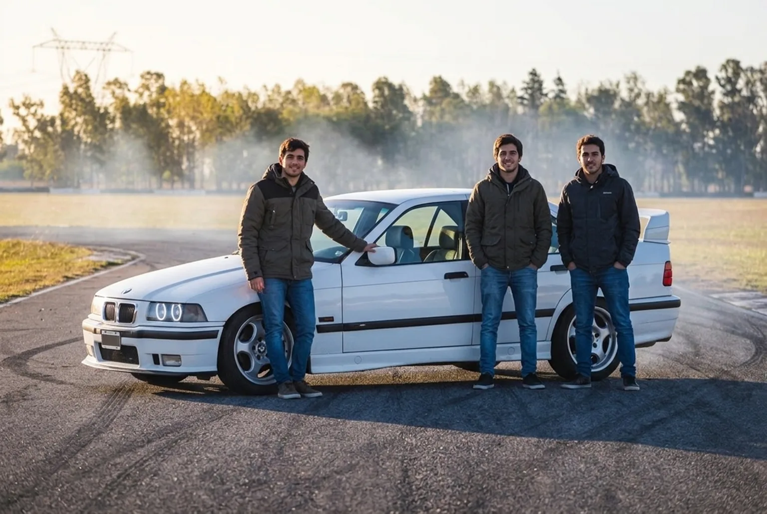 Grupo de amigos posando junto al BMW E36 blanco despues de la sesion de drift al atardecer