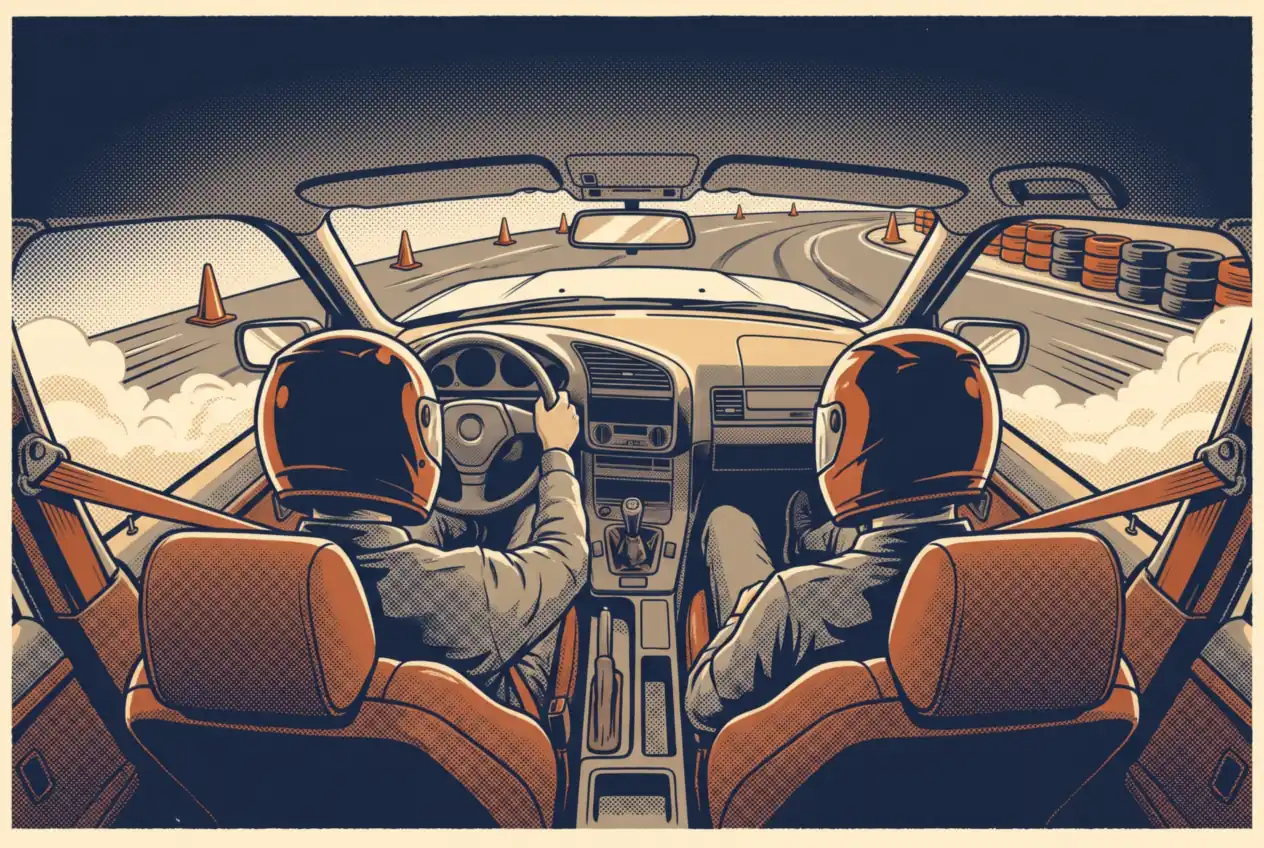 Alumno al volante e instructor al lado dentro del BMW E36 de la escuela, en pista cerrada con conos