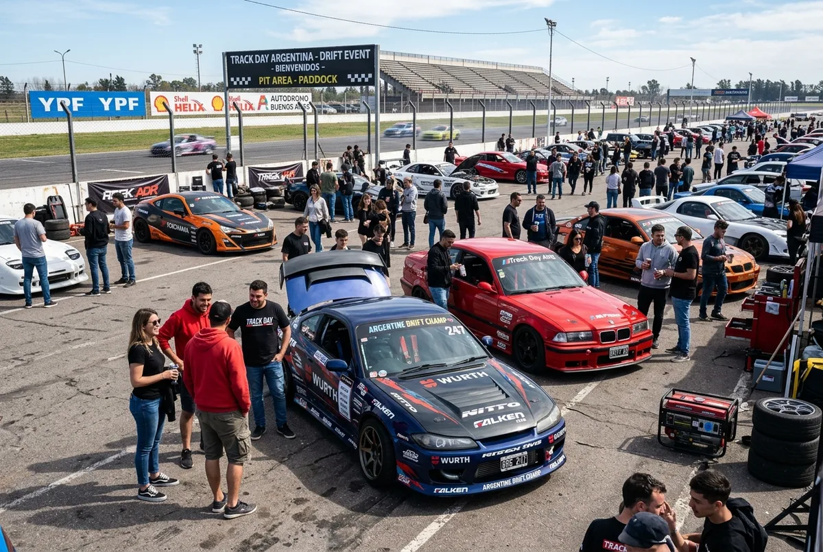 Carros de drift preparados aguardando sua vez nos boxes durante um track day num autodromo de Buenos Aires