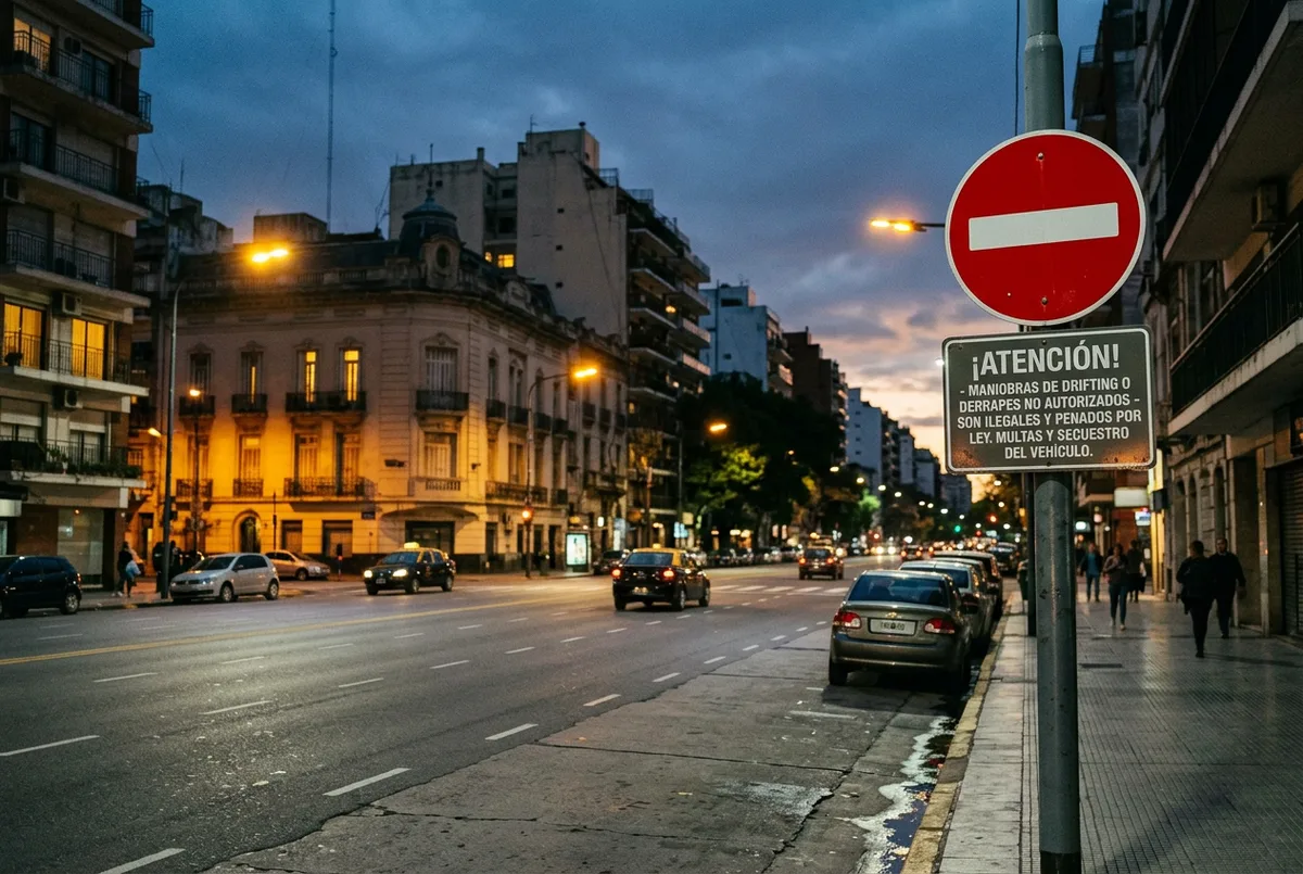 Senal de prohibido frente a una calle de Buenos Aires al anochecer — el drift callejero es ilegal