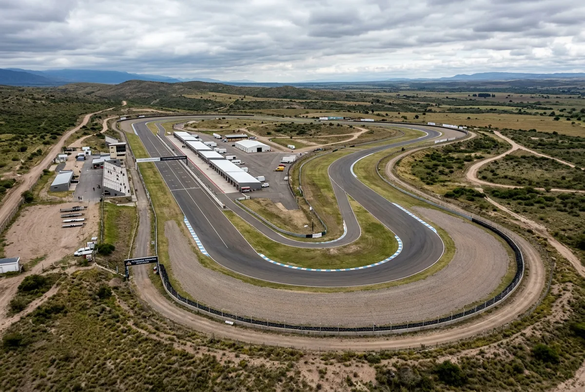Vista del trazado de un autodromo bonaerense con boxes y zonas de escape — opcion legal para driftear cerca de Buenos Aires