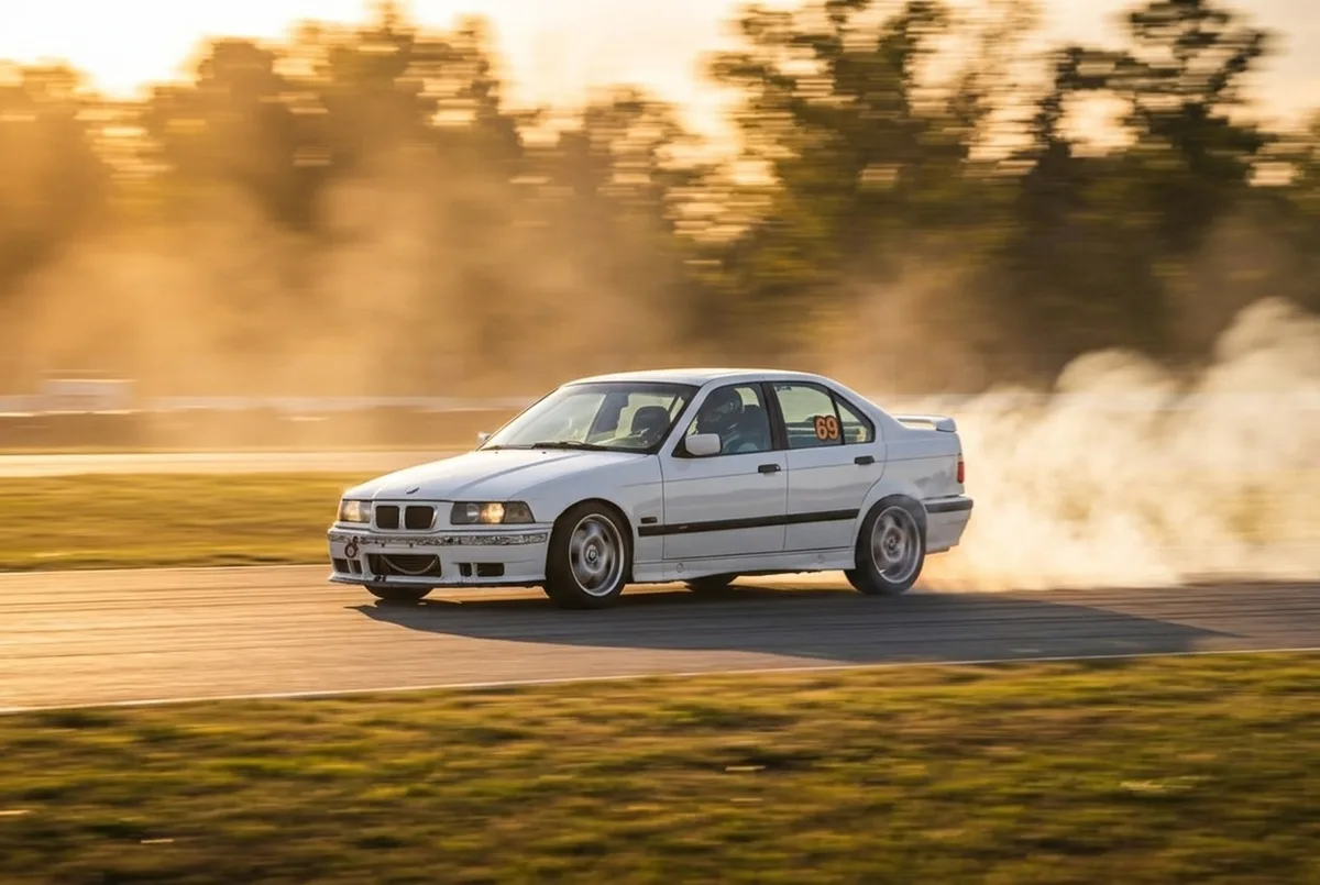 Белый BMW E36 в заносе сквозь дым покрышек на закате на аргентинском автодроме