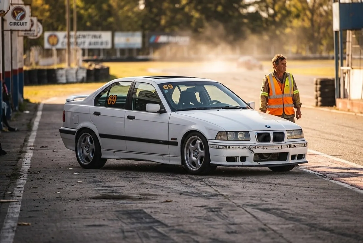 Белый BMW E36 на пит-лейне во время трек-дня, маршал наблюдает за трассой