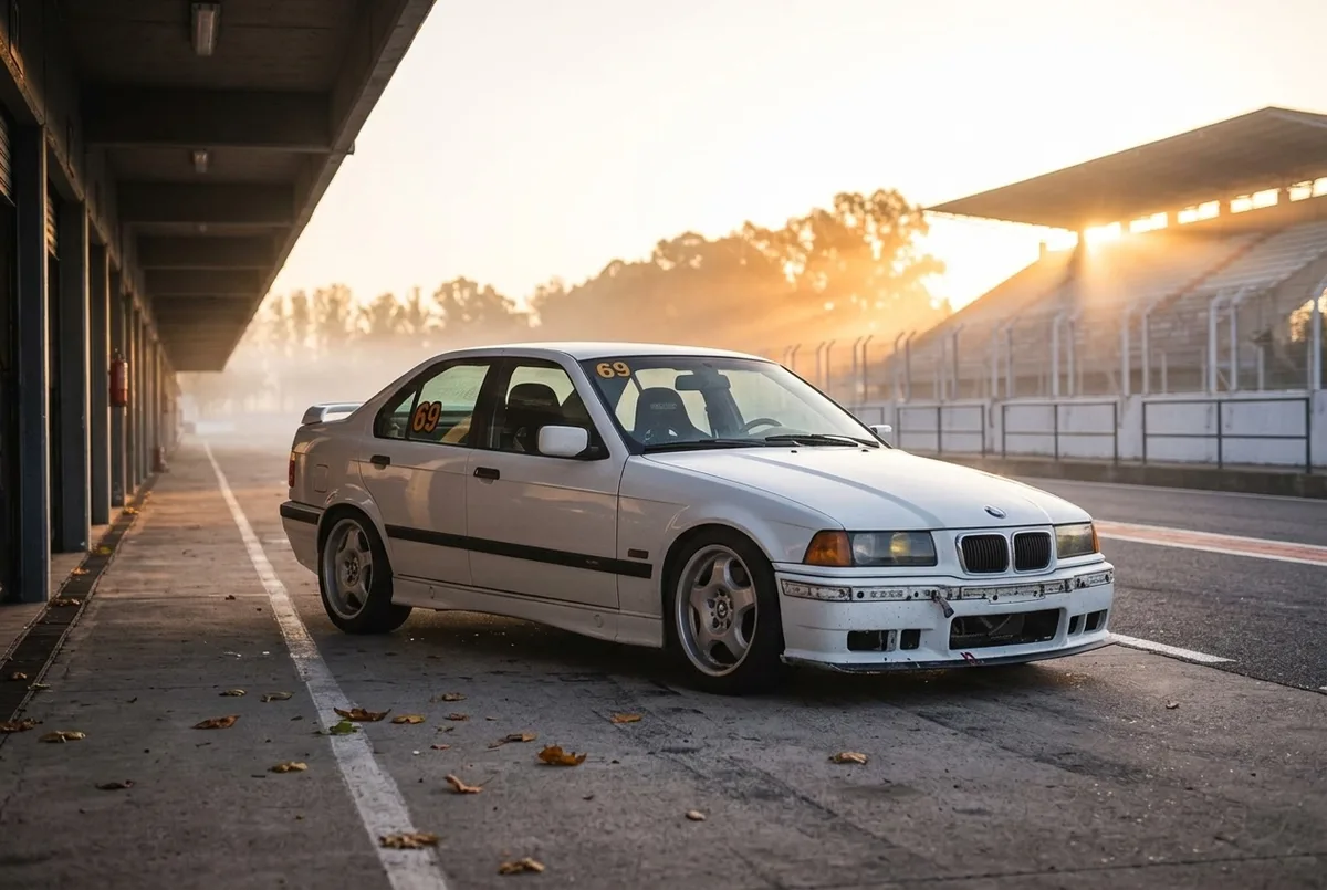 Белый BMW E36 в боксах на осеннем рассвете, лёгкий туман в холодном воздухе перед трек-днём