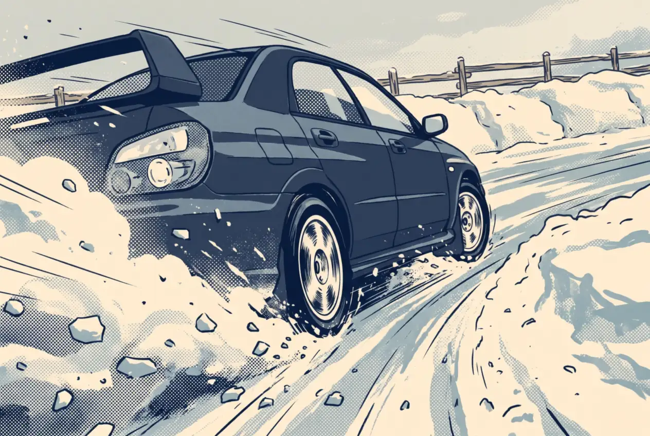 Sedán de rally 4x4 deslizando de costado en una pista de hielo cerrada, con nieve saliendo de las ruedas