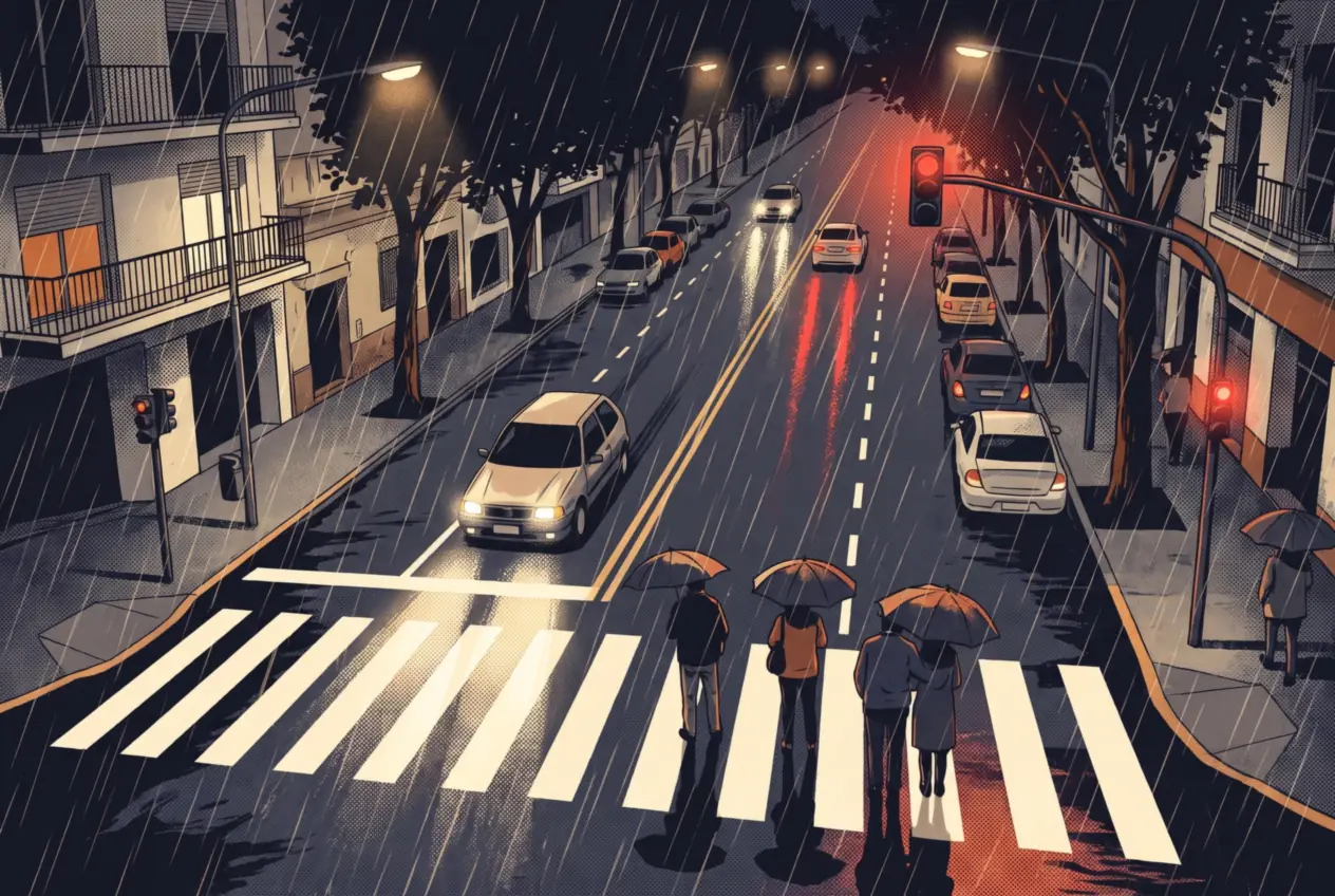 Avenida porteña de noche bajo la lluvia, con un auto frenando ante la senda peatonal mientras cruzan peatones con paraguas