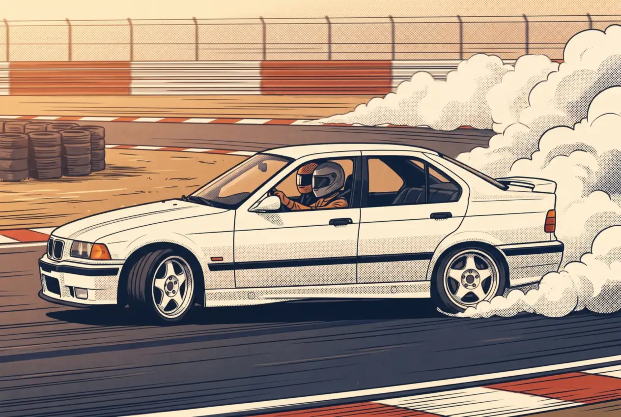 BMW E36 blanco de la escuela de perfil en pista cerrada, con el alumno al volante, el instructor sentado al lado y humo en la rueda trasera