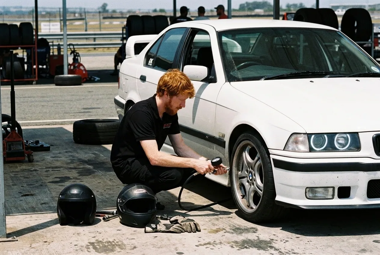 El instructor revisa la presión de los neumáticos del BMW E36 blanco en el paddock antes de la sesión