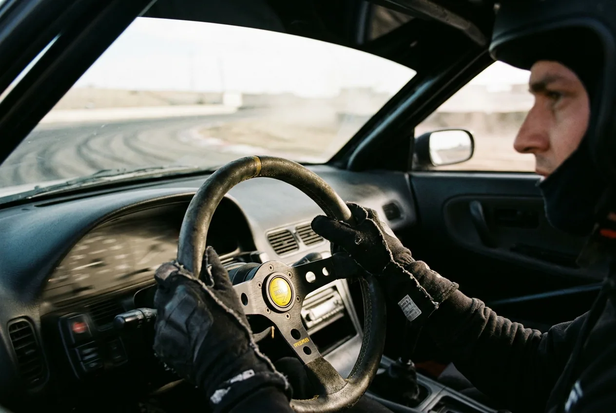 Manos enguantadas al volante del BMW E36 mientras se maneja en drift, la pista borrosa al fondo