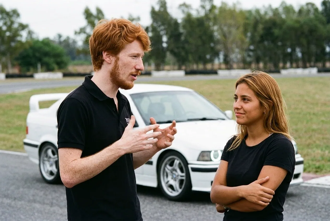 El instructor pelirrojo explica las opciones a una alumna junto al BMW E36 blanco en la pista