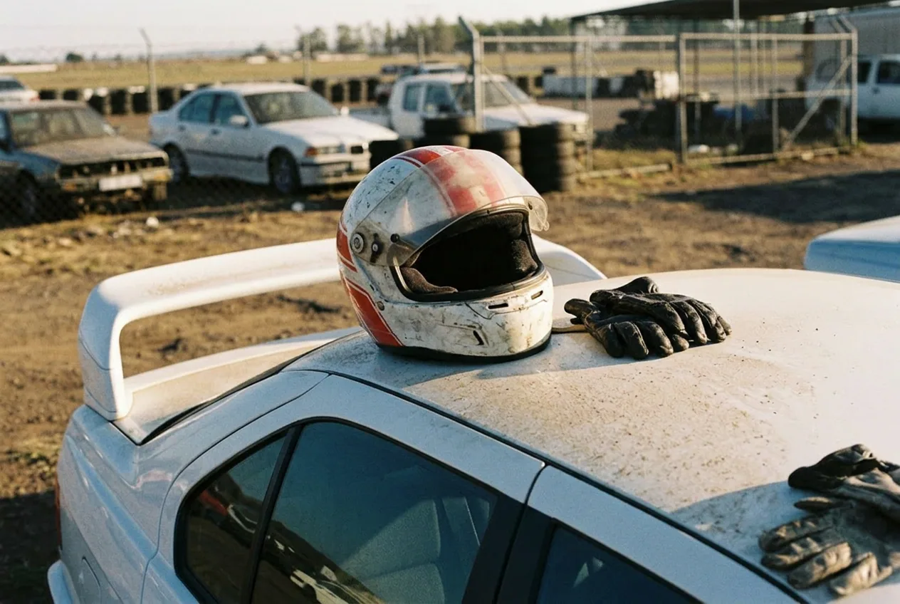 Casco y guantes apoyados sobre el techo del BMW E36 blanco al atardecer en el paddock