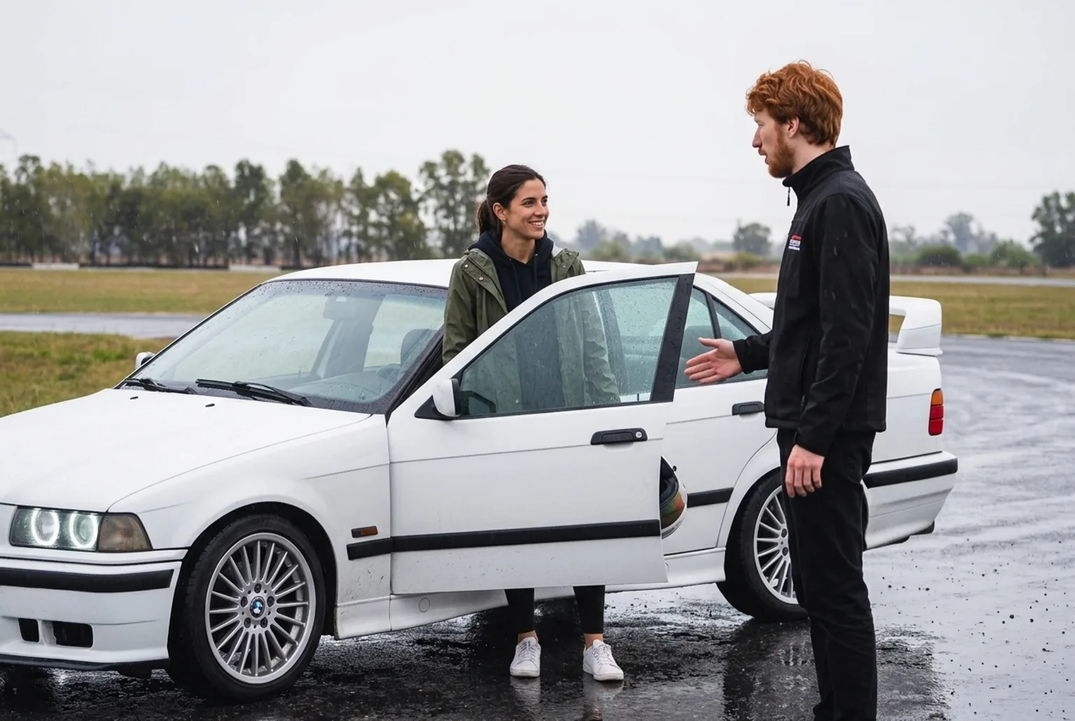 Instructor pelirrojo explicando la pista mojada a la alumna de campera verde junto a la puerta abierta del BMW E36 blanco