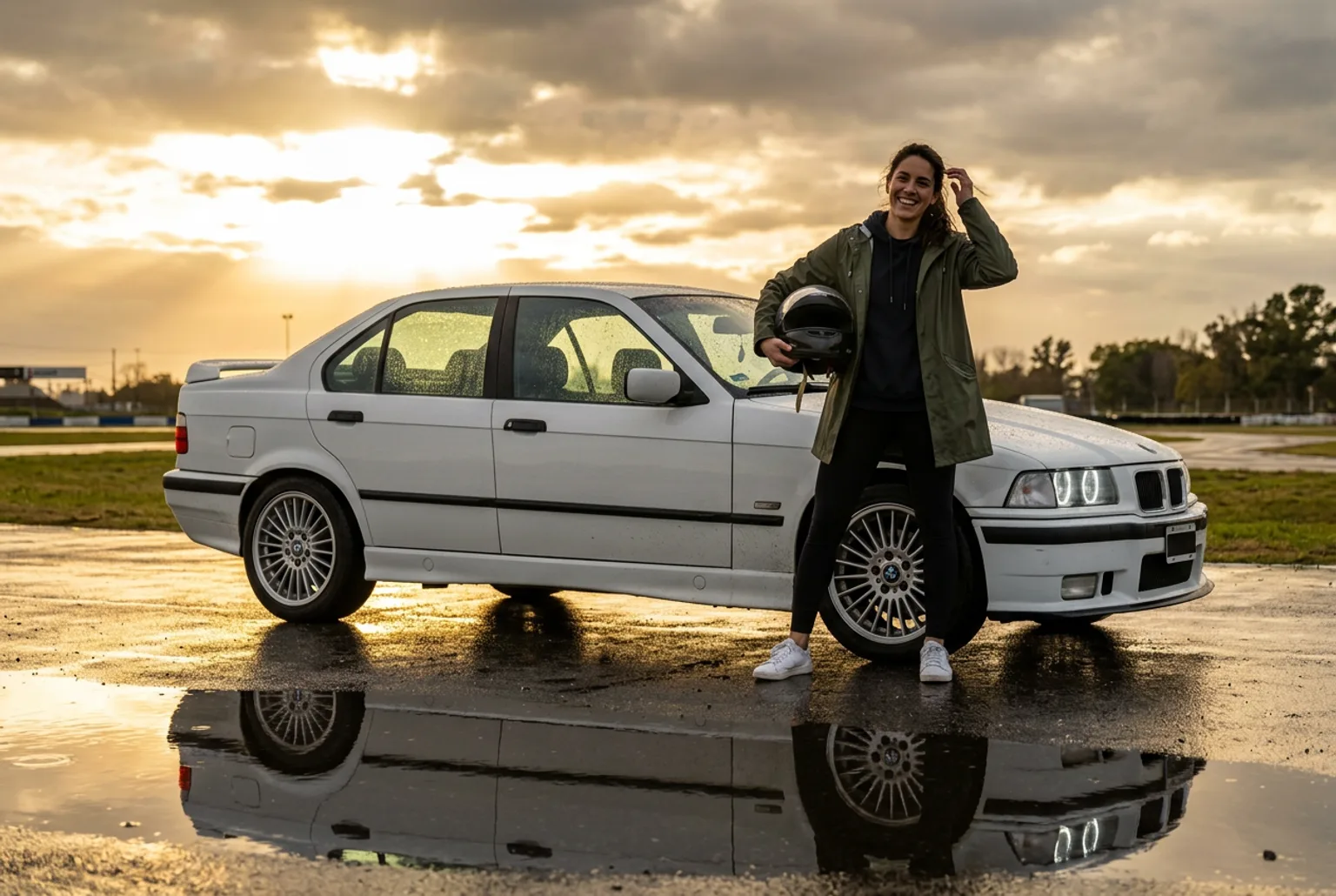 Alumna sonriente con el casco bajo el brazo junto al BMW E36 blanco sobre el asfalto mojado dorado por el sol despues de la lluvia