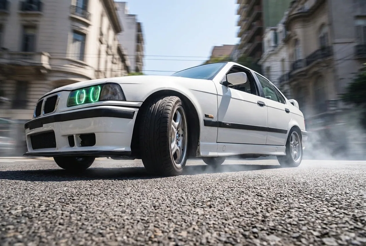 BMW E36 blanco derrapando con contravolante visto a ras del asfalto — clase de drift en Buenos Aires