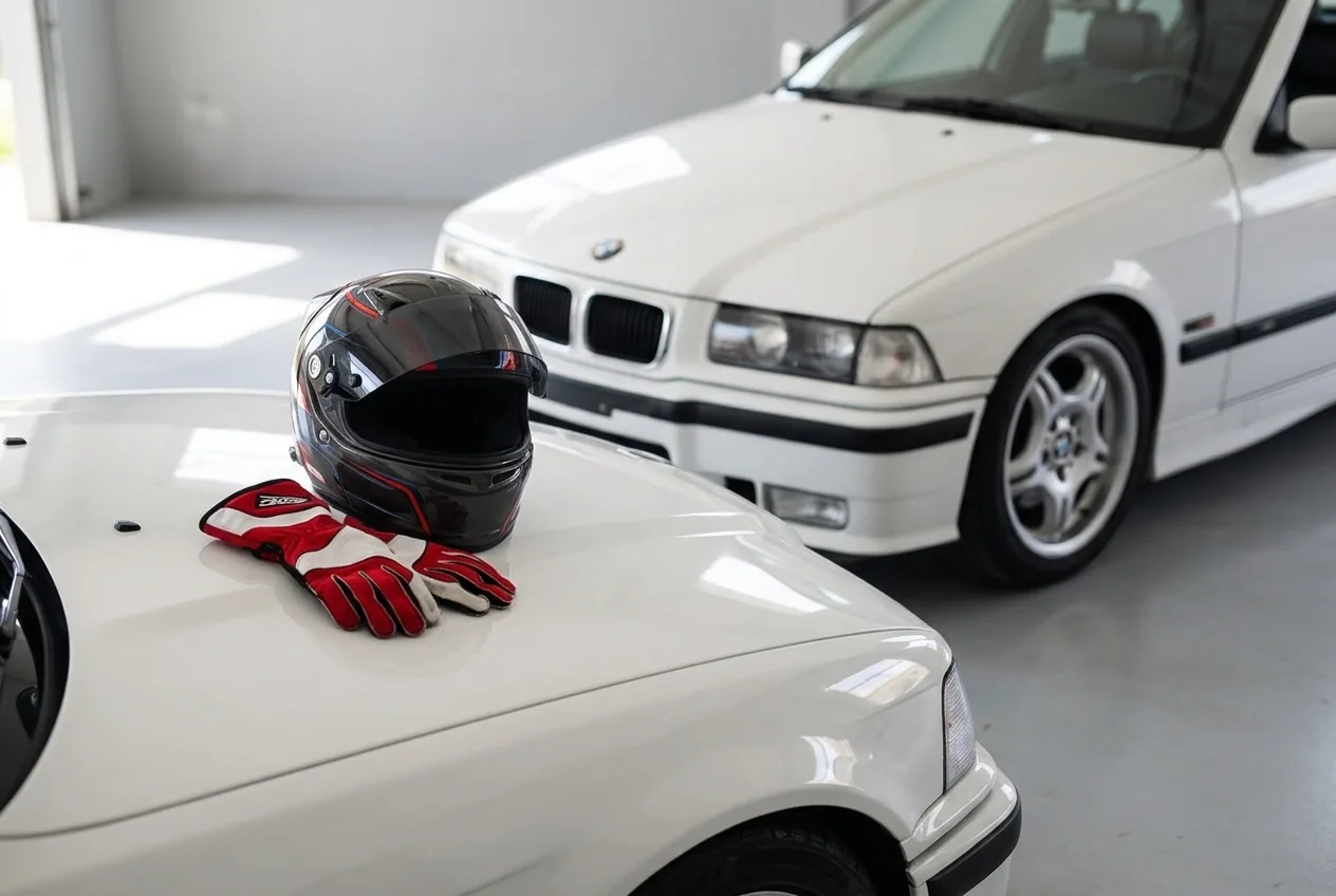 Casco y guantes de competicion apoyados sobre el capot del BMW E36 blanco en el taller — equipo incluido en la clase de drift