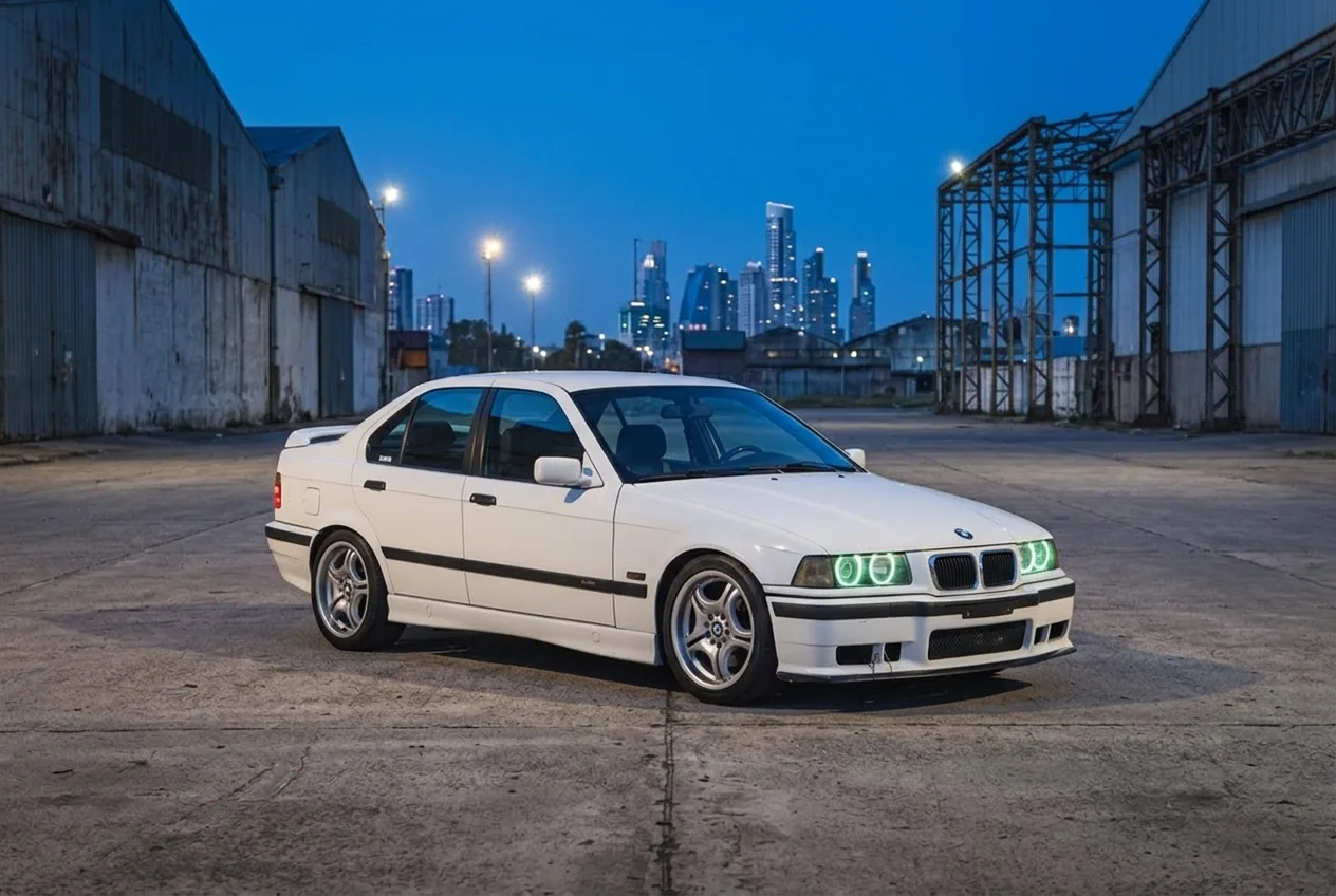 BMW E36 blanco estacionado en una zona industrial de Buenos Aires en la hora azul — experiencia de drift para regalar