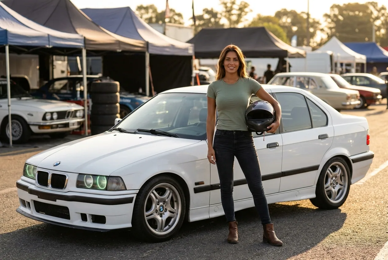Alumna con el casco en la mano junto al BMW E36 blanco en el paddock — clase de drift para mujeres en Buenos Aires