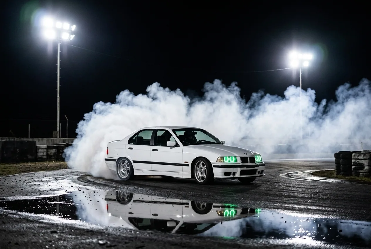 BMW E36 blanco derrapando de noche bajo los reflectores del autodromo — clase de drift en Buenos Aires