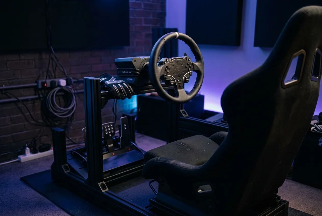 Setup de simulador de carreras con volante y pedales en una habitación oscura, el drift de los videojuegos
