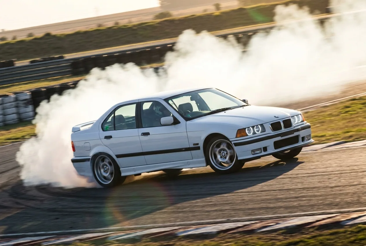 BMW E36 blanco en un gran ángulo de drift con mucho humo, las fuerzas físicas reales del drift