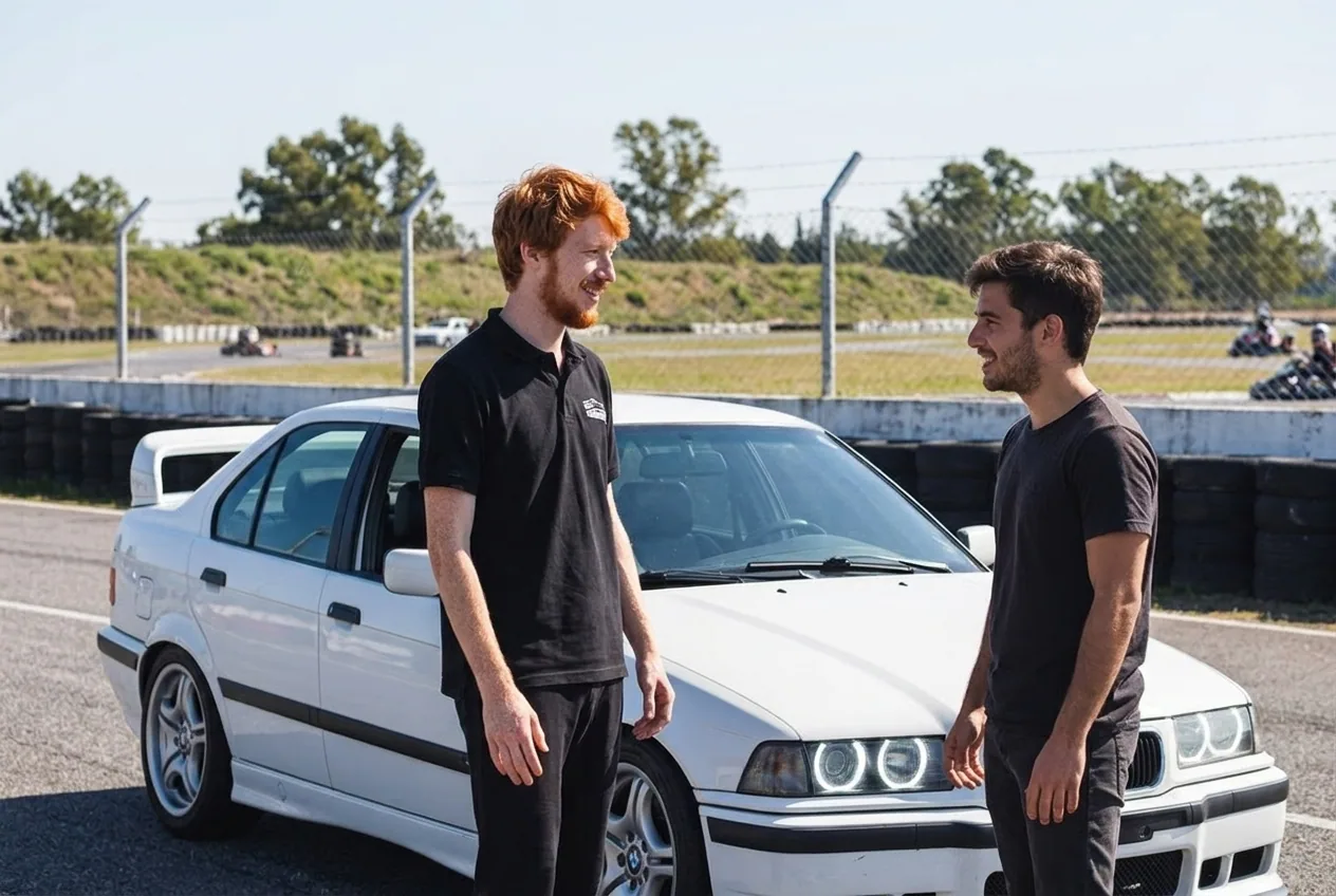Instructor de drift pelirrojo y un alumno gamer junto al BMW E36 blanco en la pista