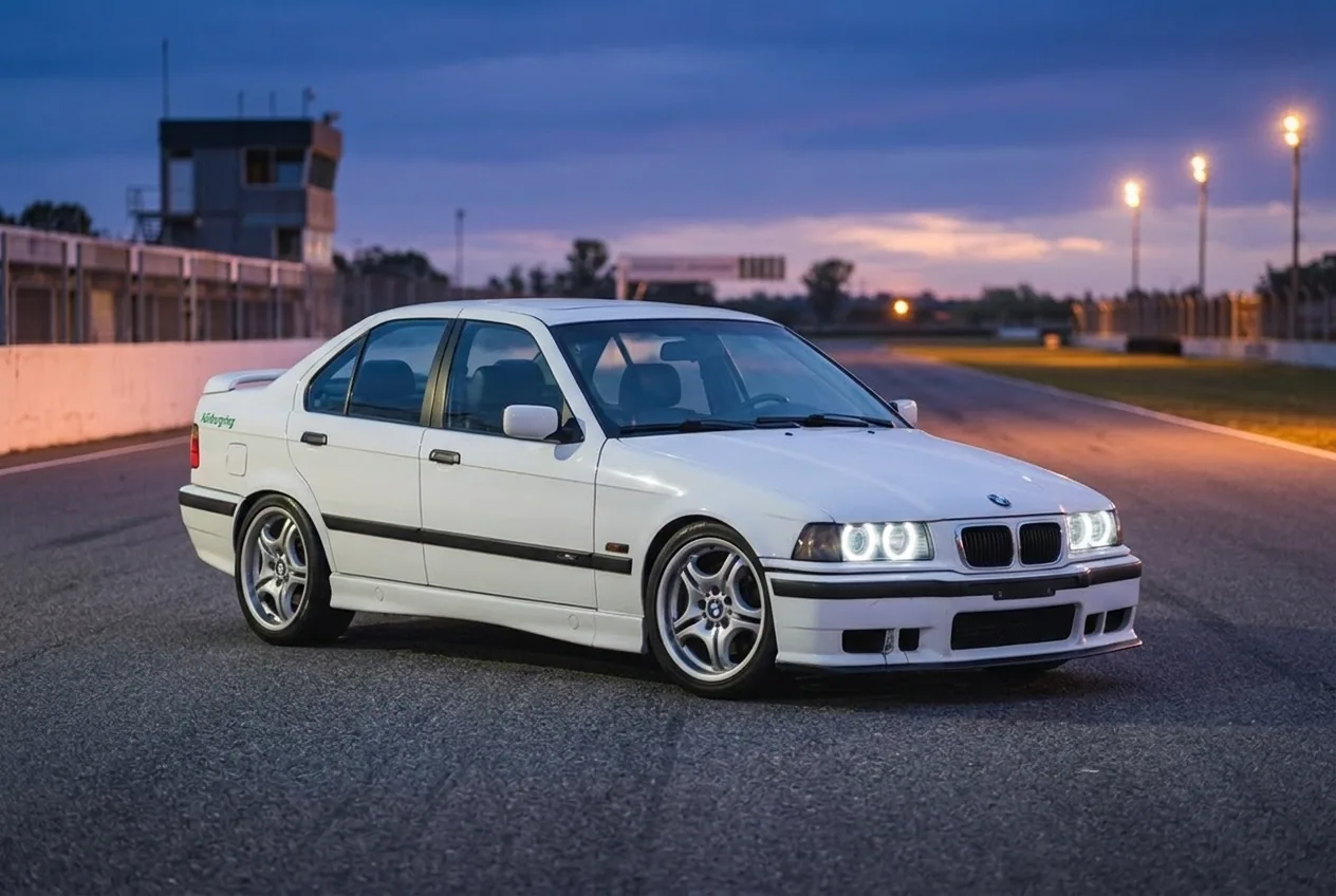 BMW E36 blanco preparado para drift estacionado en la pista al anochecer, listo para probar