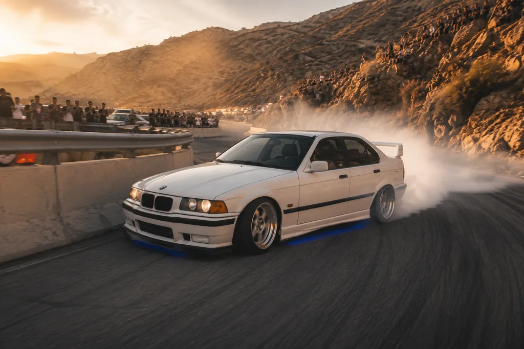 BMW E36 generando humo en pista cerrada, experiencia que karting recreativo no replica