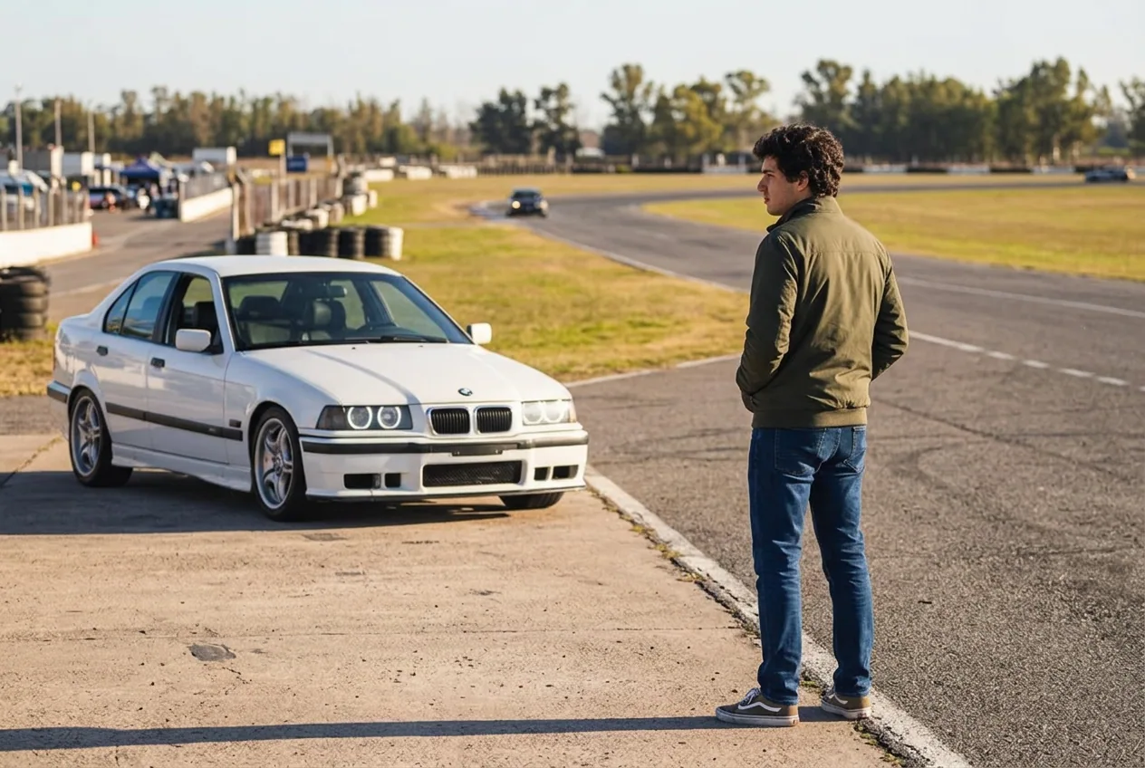 Un joven en el circuito mirando la pista, decidiendo si empezar con drift o con track day