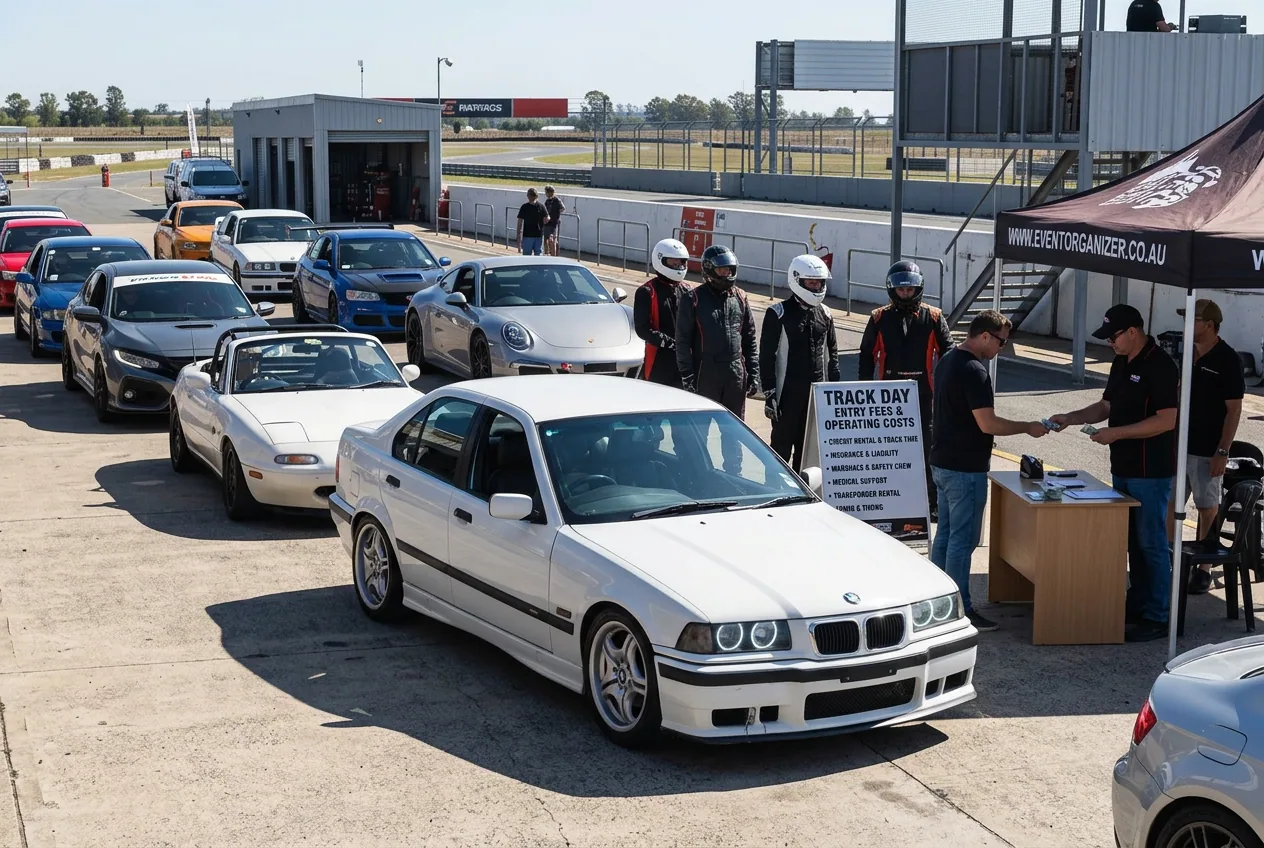 BMW E36 blanco en fila en boxes para un track day: el costo del track day es pagar el dia de pista