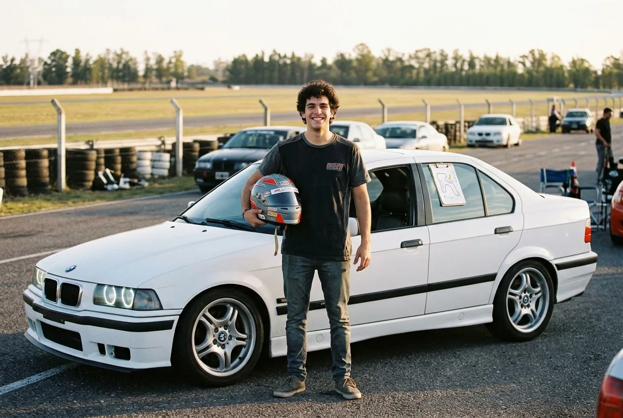Joven con el casco en la mano junto a un BMW E36 blanco, listo para su primera clase de drift