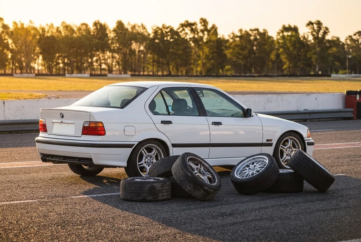 BMW E36 blanco con dos juegos de ruedas al lado: el mismo auto disfruta drift y track day, se complementan