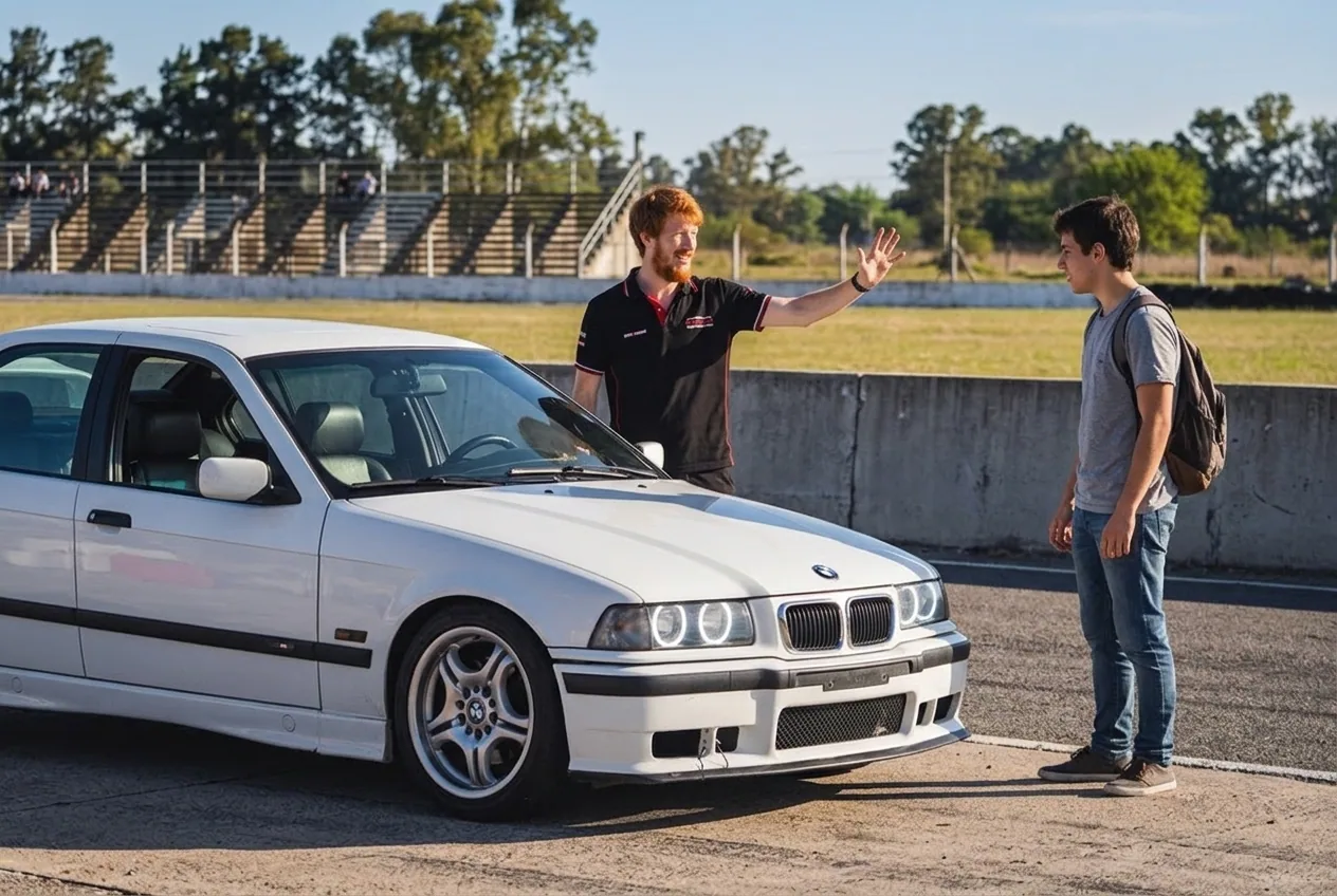 Instructor pelirrojo recibiendo a un alumno junto al BMW E36 blanco de la escuela para empezar a driftear