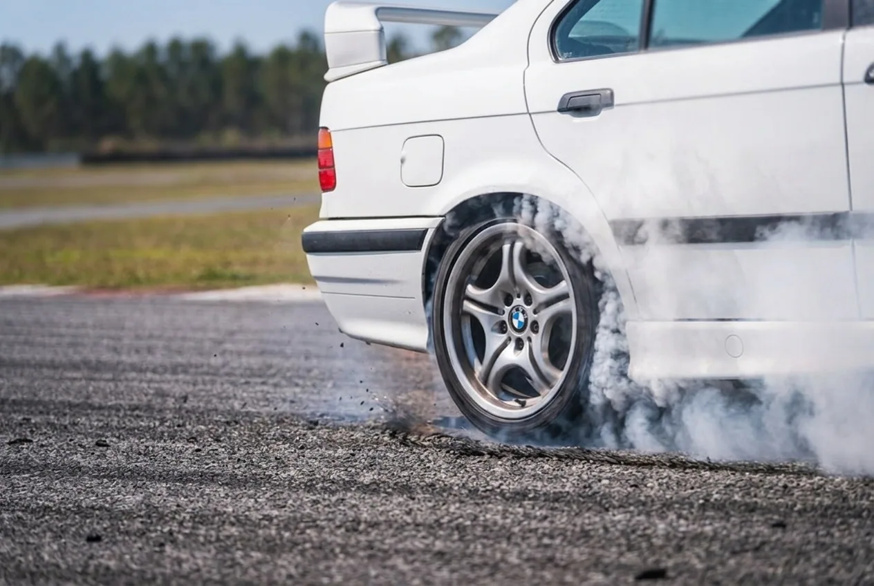 Neumatico trasero de un BMW E36 blanco perdiendo agarre y largando humo: la friccion, la diferencia clave