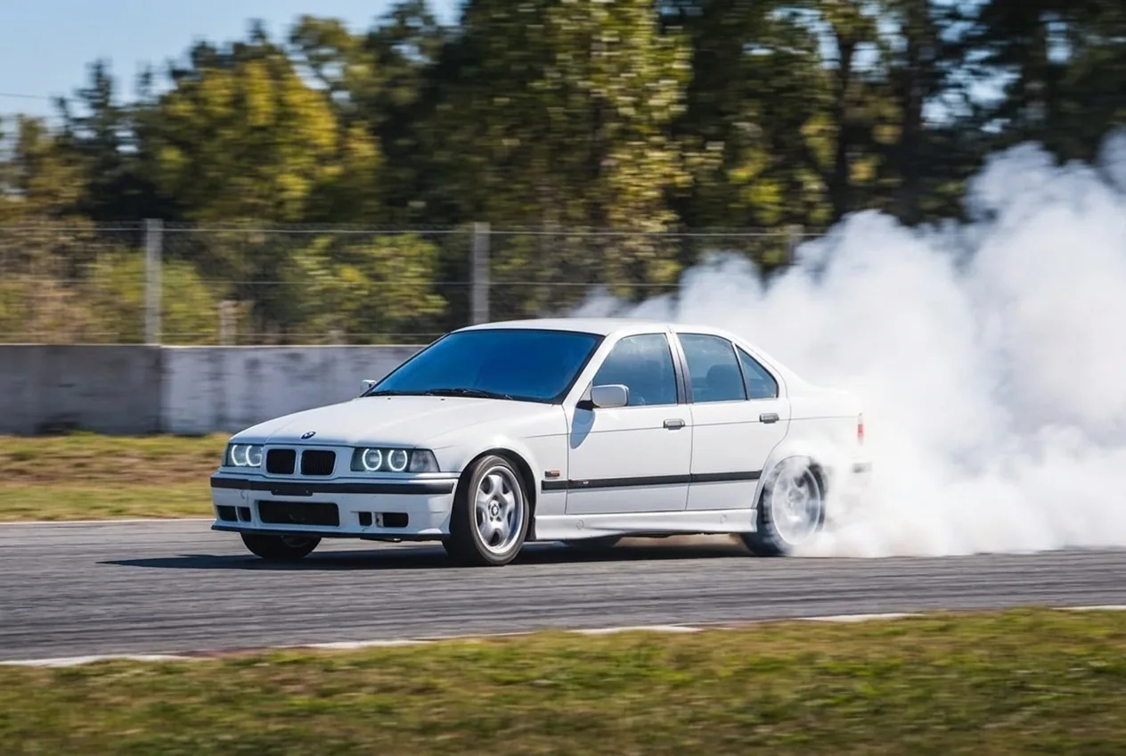 BMW E36 blanco en un drift con mucho angulo y humo: lo que se juzga en el drift es angulo, velocidad y estilo